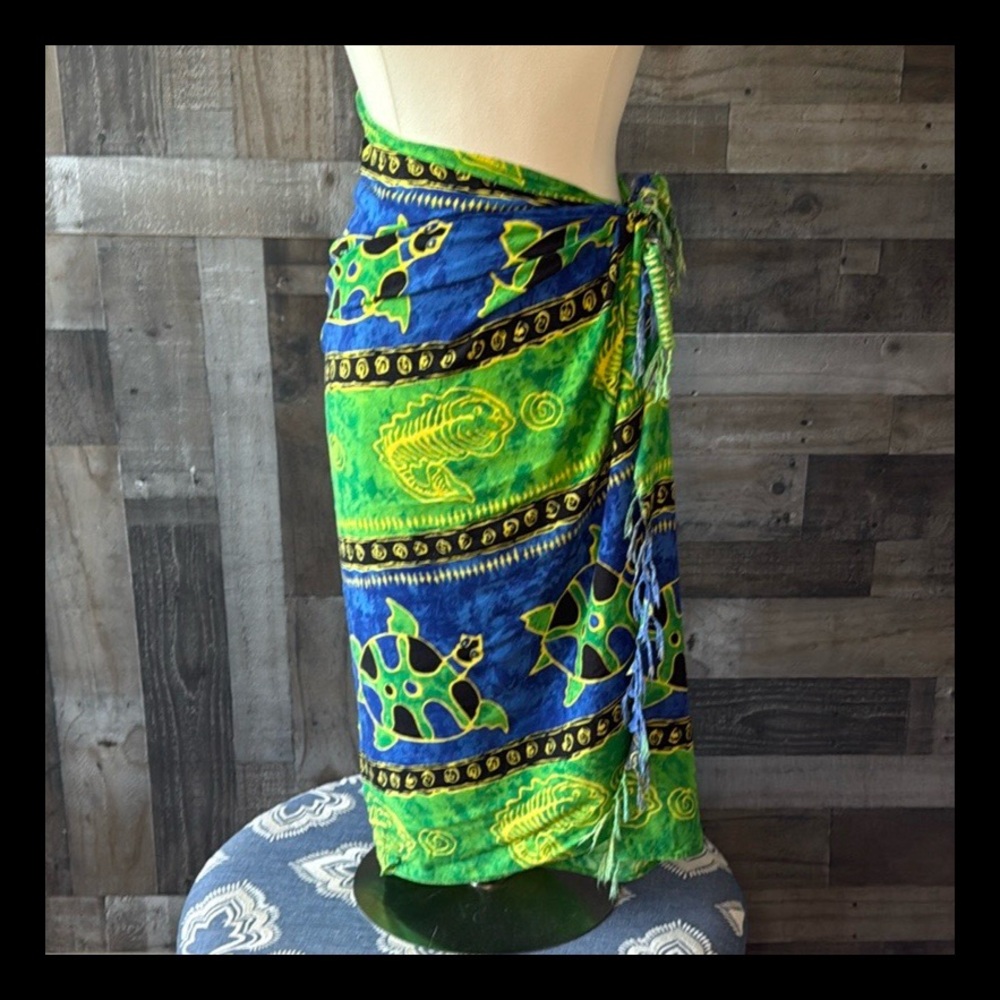 Vibrant blue green batik sarong wrap OS fish turtle beach pool party tropical